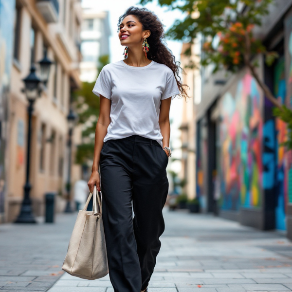 Frau trägt weißes BREDDY’S TENCEL™ T-Shirt und steht in der Stadt vor bunten Hausmauern