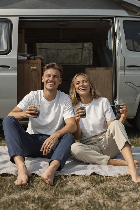 Gemeinsamer Moment in BREDDY’S Relaxed Pants – nachhaltige Mode für Stadt & Natur