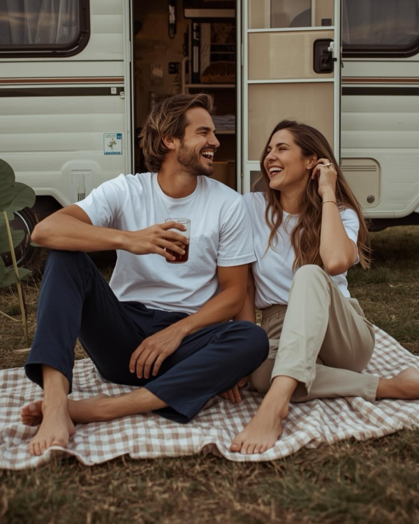 Gemeinsamer Moment in BREDDY’S Relaxed Pants – nachhaltige Mode für Stadt & Natur