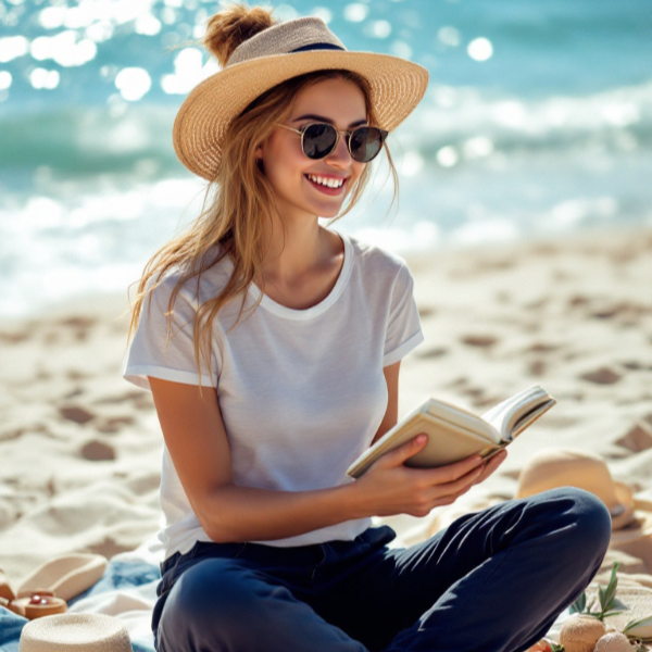 Frau sitzt am Strand, liest ein Buch und trägt BREDDY’S Pants mit weißem TENCEL™ T-Shirt