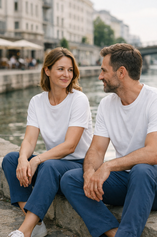 Mann und Frau fahren in der Straßenbahn, lachen gemeinsam und tragen BREDDY’S TENCEL™ T-Shirts