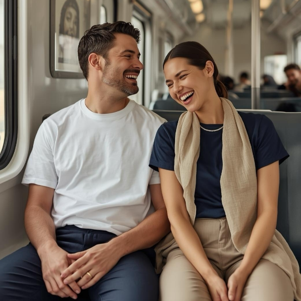 Mann und Frau fahren in der Straßenbahn, lachen gemeinsam und tragen BREDDY’S TENCEL™ T-Shirts