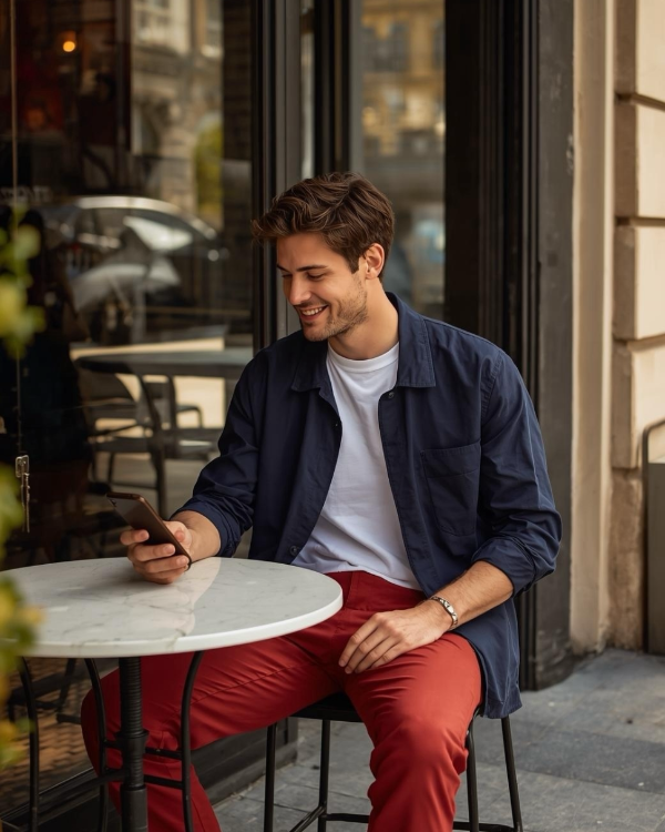 Mann sitzt im Café, trägt rote BREDDY’S Pants mit weißem TENCEL™ T-Shirt und schaut auf sein Handy