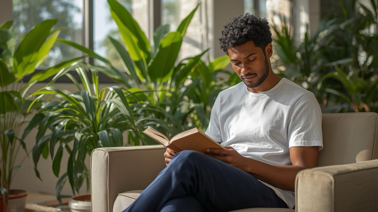 Mann in TENCEL™ T-Shirt entspannt auf dem Sofa