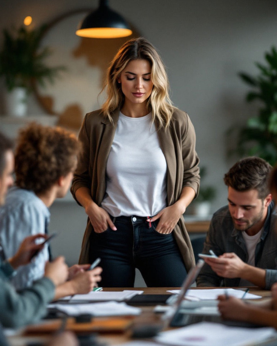 Frau in Besprechung trägt BREDDY’S Pants, steht mit Händen in den Hosentaschen und kombiniert weißes TENCEL™ T-Shirt