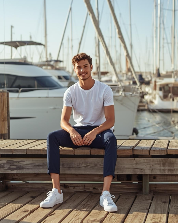 Mann lehnt am Segelboot und trägt blaue BREDDY’S Pants mit weißem TENCEL™ T-Shirt