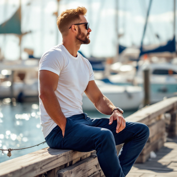 Mann sitzt entspannt am Steg, trägt blaue BREDDY’S Pants und weißes TENCEL™ T-Shirt mit Segelboot im Hintergrund