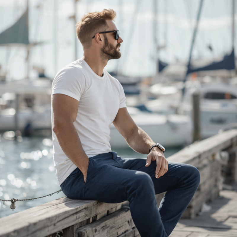 Mann sitzt entspannt am Steg, trägt blaue BREDDY’S Pants und weißes TENCEL™ T-Shirt mit Segelboot im Hintergrund