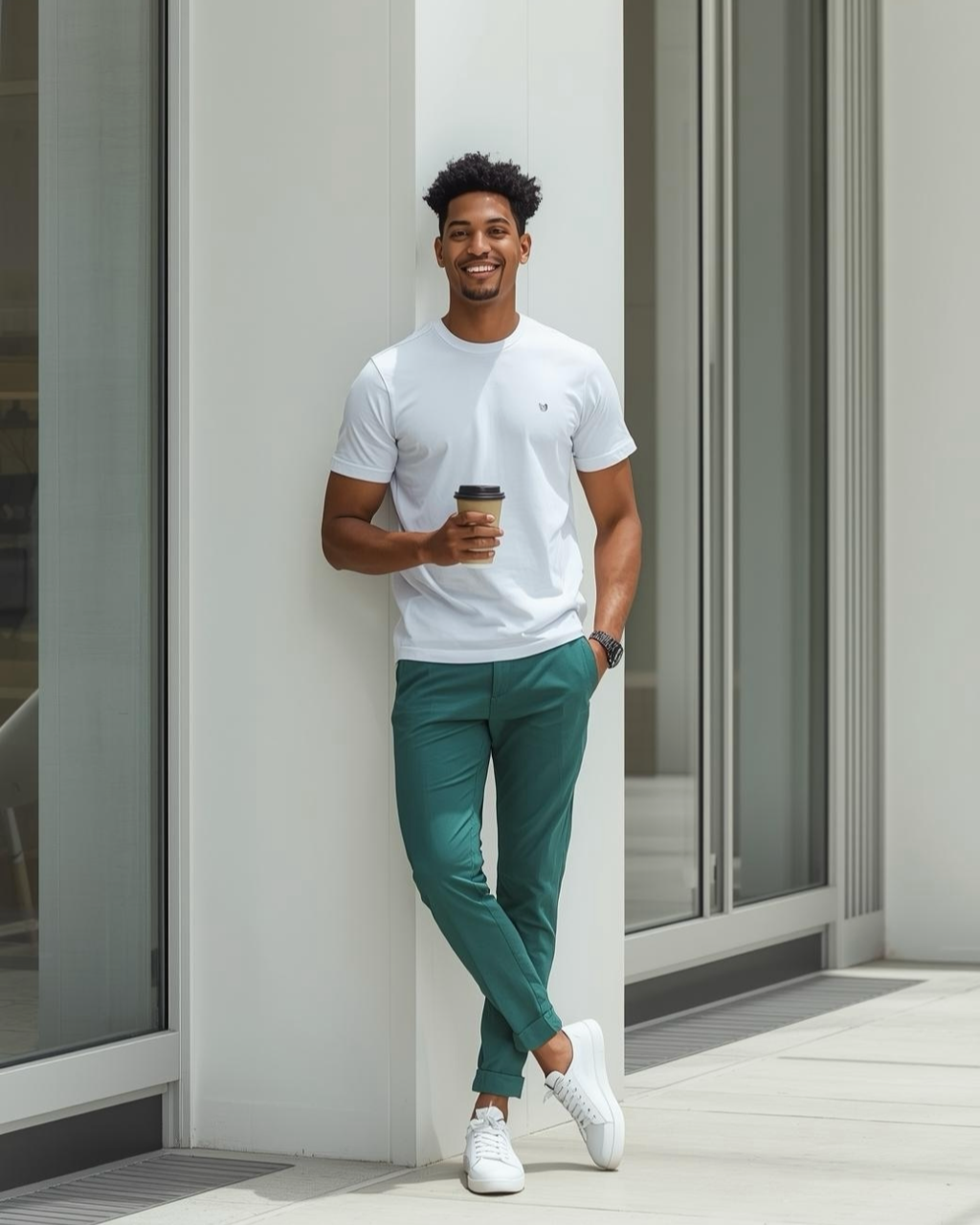 Mann lehnt an einer Hauswand, hält Coffee to go und trägt grüne BREDDY’S Pants mit weißem TENCEL™ T-Shirt