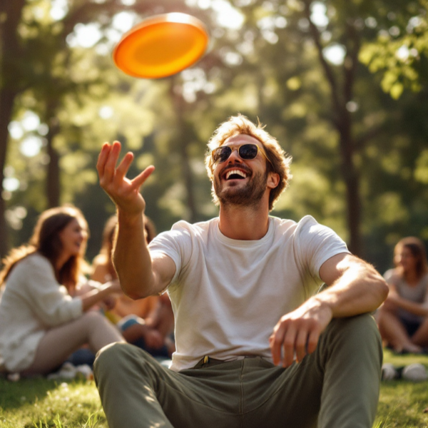 Mann spielt Frisbee im Park und trägt BREDDY’S Pants mit weißem TENCEL™ T-Shirt