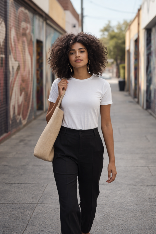 Frau trägt schwarze BREDDY’S Hose und weißen Tencel T-Shirt 