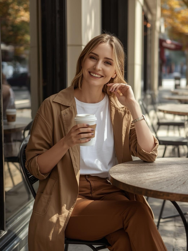 Frau sitzt im Café, trägt BREDDY’S Pants und weißes TENCEL™ T-Shirt und genießt Kaffee