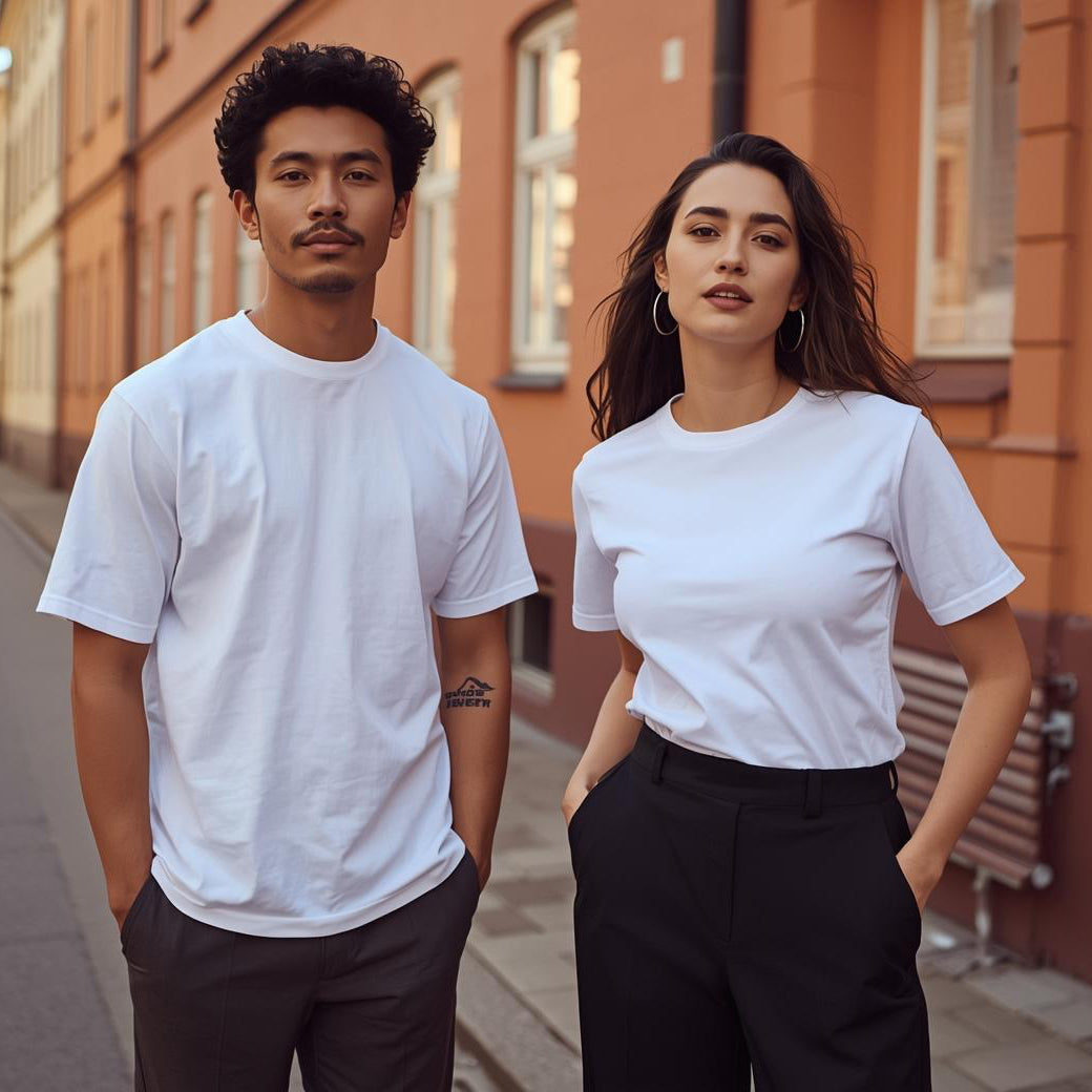 Modebewusstes Paar im weißen BREDDY’S T-Shirt beim Flanieren in der Innenstadt.